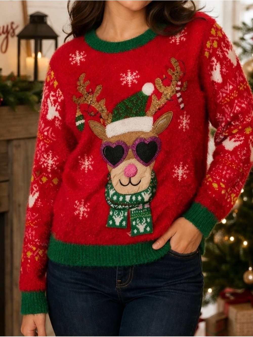 Holiday Time Red Holiday Sweater with Green Trim and Reindeer Motif